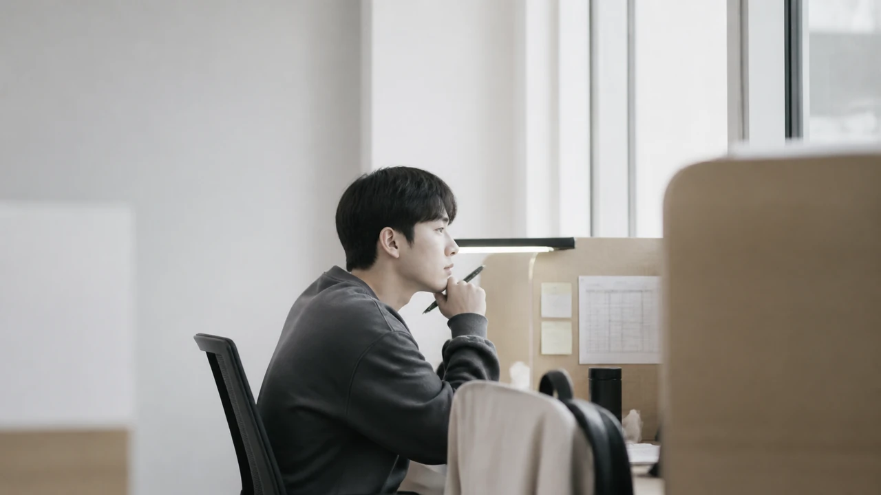 현대 독서실에서 혼자 공부하다 계획표를 바라보는 한국인 수험생